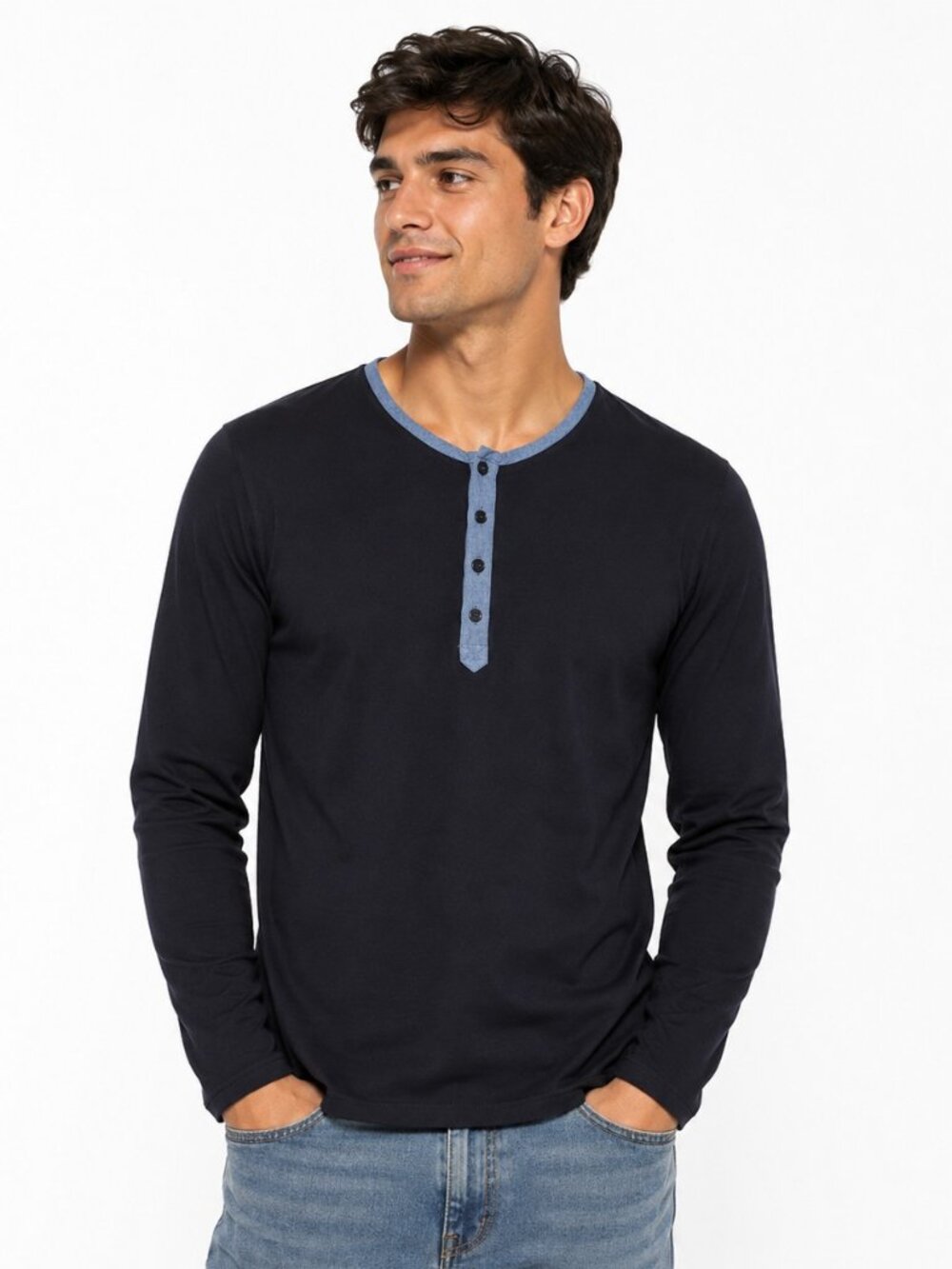 TexMan 17&Co Black Cotton Denim Trim Long Sleeve Top NWT